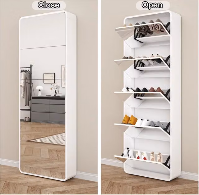 Scarpiera a ribalta con specchio a figura intera; 63×19;6×176;5 cm; MDF bianco