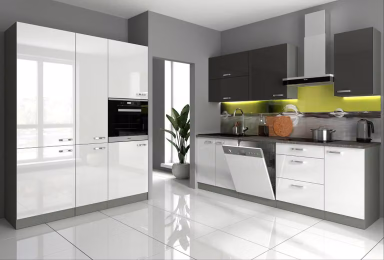 Cucina Bianca V 240 + 160 cm, linea cucina in bianco lucido e grigio, blocco cucina Grey