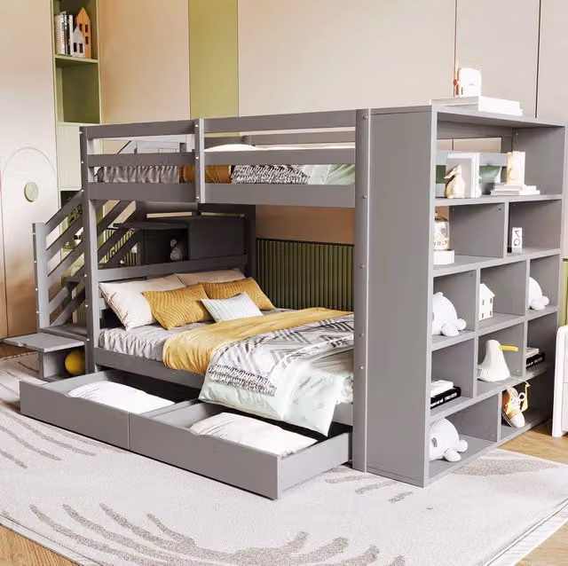 Letto a castello modulare 90x200 cm in legno grigio con scala contenitore e cassetti