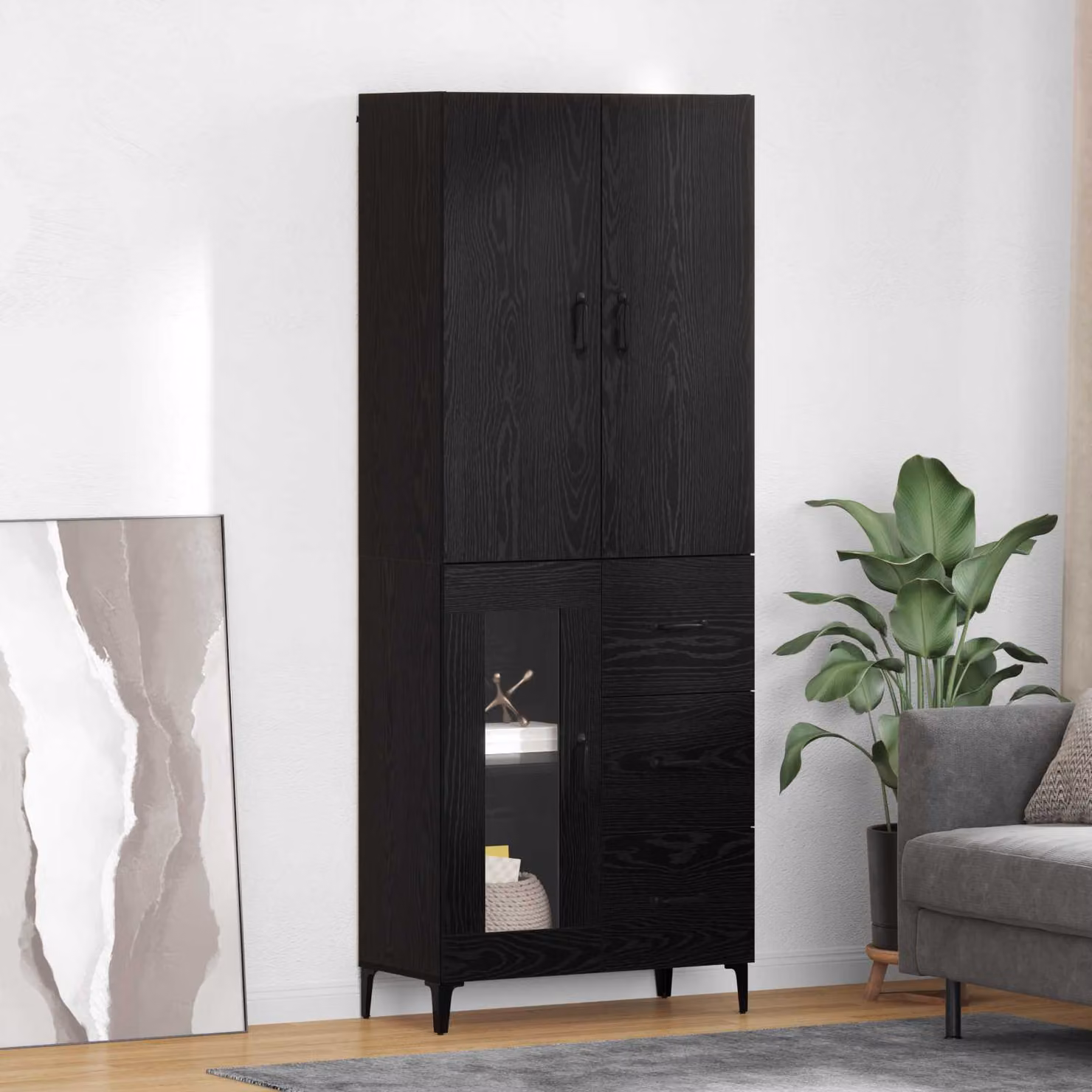 Credenza a parete vidaXL in stile minimalista nera con ante e ripiani, L: 69,5 cm, P: 34 cm, H: 180 cm