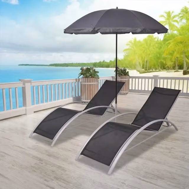 Set di 3 lettini prendisole vidaXL in alluminio nero con ombrellone e tessuto textilene per giardino e terrazza