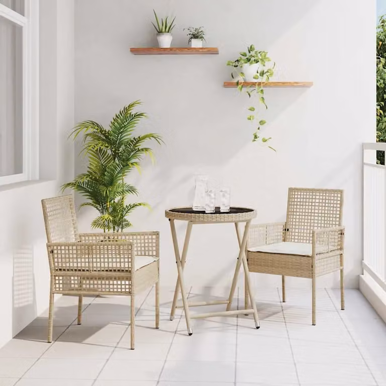Set Bistro da Giardino Moderno vidaXL in Polyrattan Beige con Tavolo in Vetro, 3 Pezzi