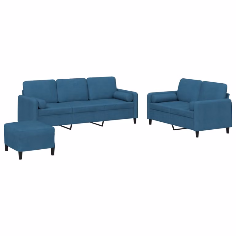 Set di Divani 3 pz con Cuscini Blu in Velluto