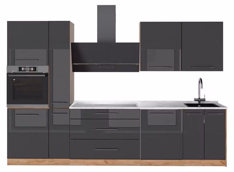 Cucina componibile Vicco Fame-Line Antracite lucido/Rovere dorato 310 cm, PL Marmo, Model 64290