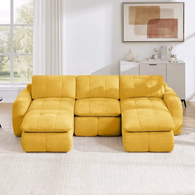 Divano 3 posti ¨C Minimal ¨C Giallo tessuto imbottito con 2 poggiapiedi modulare