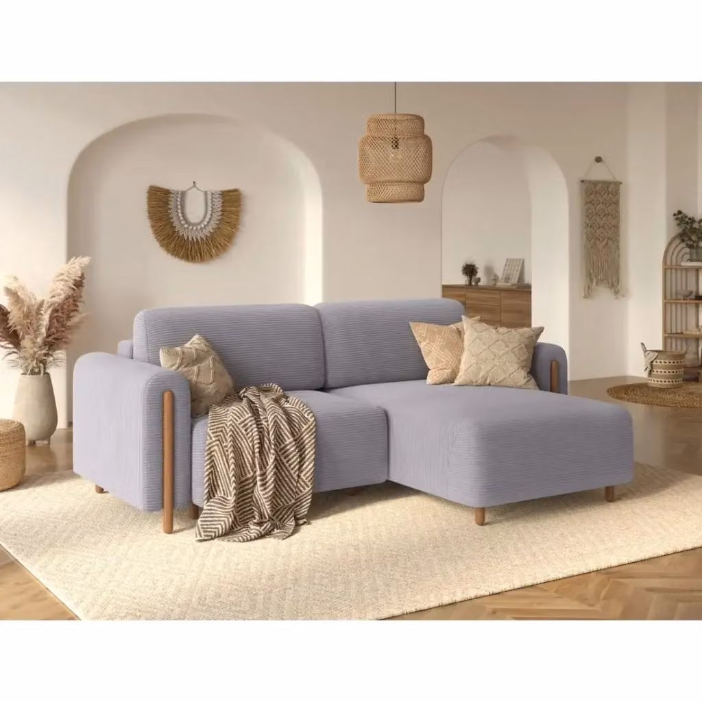 Divano ad angolo convertibile ARVESSA di MEUBLORAMA in velluto a coste grigio, con funzione letto e struttura in legno di quercia, angolo destro, L 244 x P 154 x H 95 cm – 2