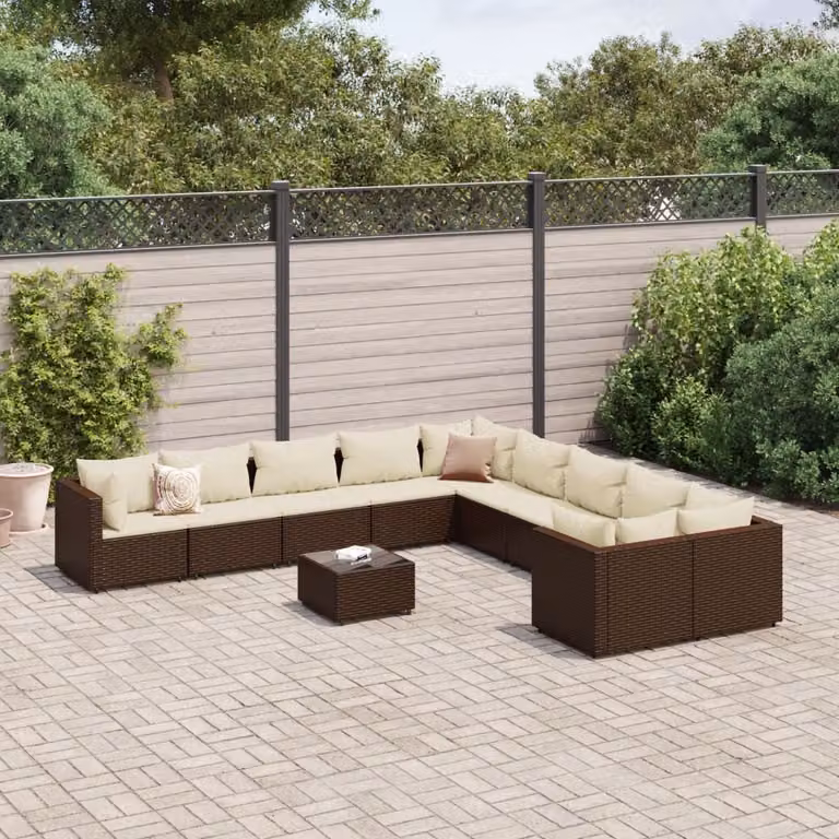 Set Divani da Giardino vidaXL 11 pz a Forma a U in Polyrattan Marrone e Bianco con Cuscini e Tavolino da Caffè