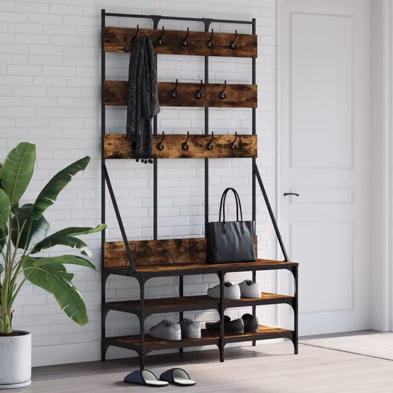 vidaXL Appendiabiti con Porta Scarpe in Rovere Fumo, L: 100 cm, P: 40 cm, H: 184 cm