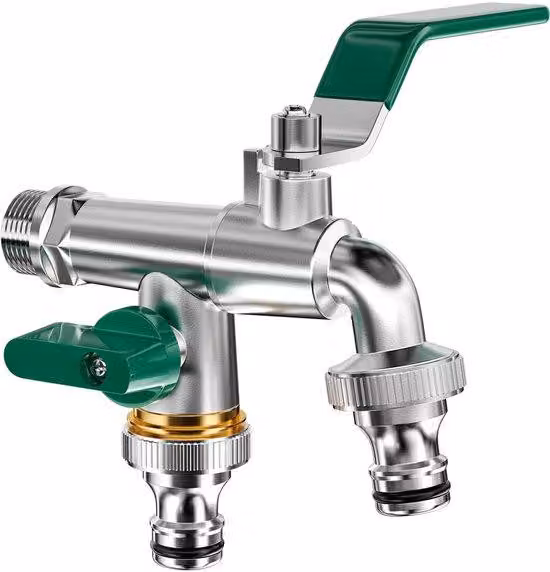 Unyqoos® Rubinetto da giardino in ottone, modello a doppio bocchettone – resistente al gelo, con due valvole a sfera, attacco per tubo e superficie zincata, ideale per giardini e idropulitrici