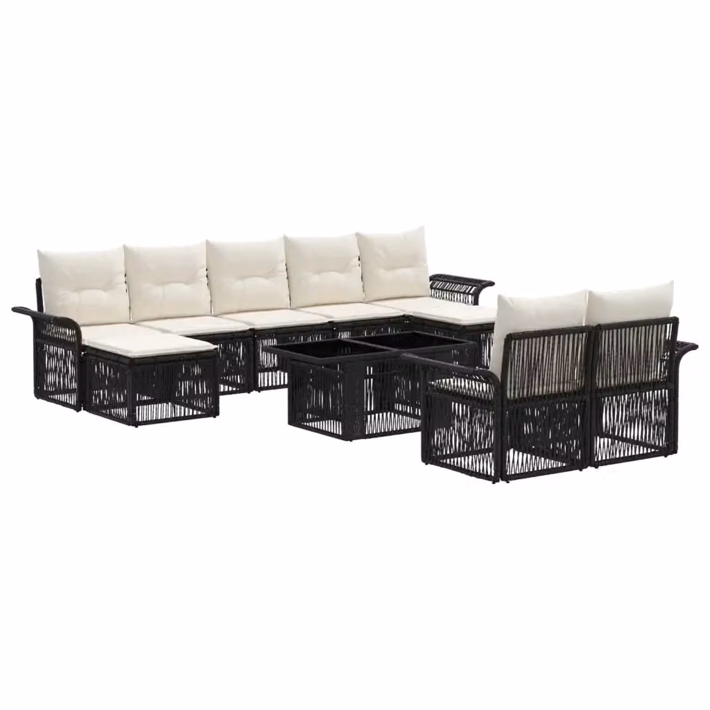 Set Divano da Giardino vidaXL in Polyrattan 10 Pezzi con Cuscini, Tavolino e Pouf, Nero e Bianco Crema – 2
