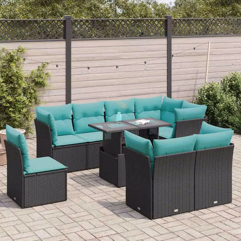 Set di divani da giardino vidaXL 9 pz in polyrattan nero con cuscini blu e tavolo da esterno in acacia