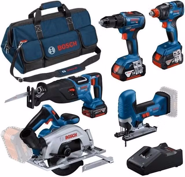 Confezione da 5 utensili: GSR 18V-55 + GST 18V-125 S + GKS 18V-57-2 + GSA 18V-28 + GDX 18V-200 + 3 batterie 4.0Ah + GAL 18V-40 + borsa L