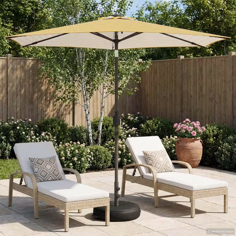 Parasol da giardino con luci LED e base vidaXL in poliestere, bianco e giallo, L: 269 cm x P: 269 cm