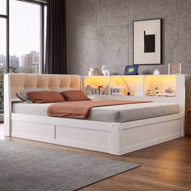 Letto singolo 140x200 cm con contenitore idraulico; LED; USB e ripiano; bianco