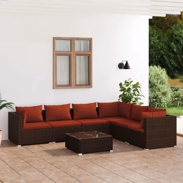 Set Divani da Giardino 7 pz con Cuscini in Polyrattan Marrone 3101731