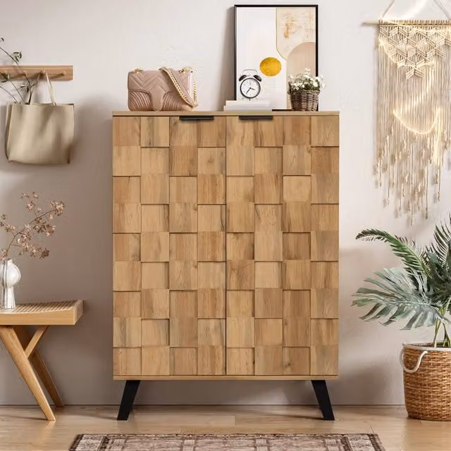 Credenza moderna per scarpe Zephmum color marrone con ante soft-close e ripiani interni, L: 80.5 cm, P: 35 cm, H: 109.5 cm