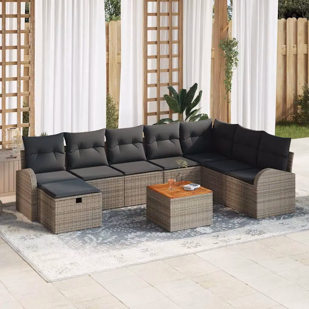 Set Divano da Giardino vidaXL a Forma di L in Polyrattan Grigio con Cuscini e Tavolino da Esterno 9 Pezzi – 1