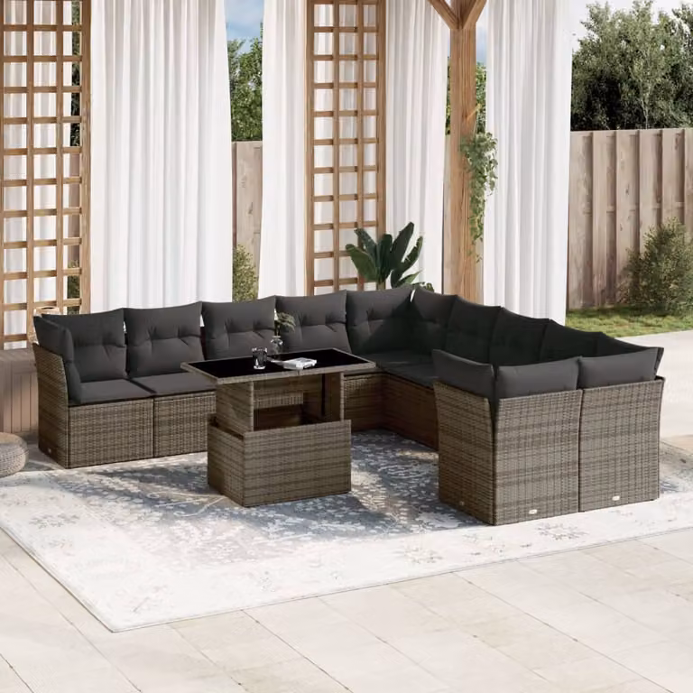 vidaXL Set Divani da Giardino 11 pz in Polyrattan Grigio con Cuscini e Tavolino