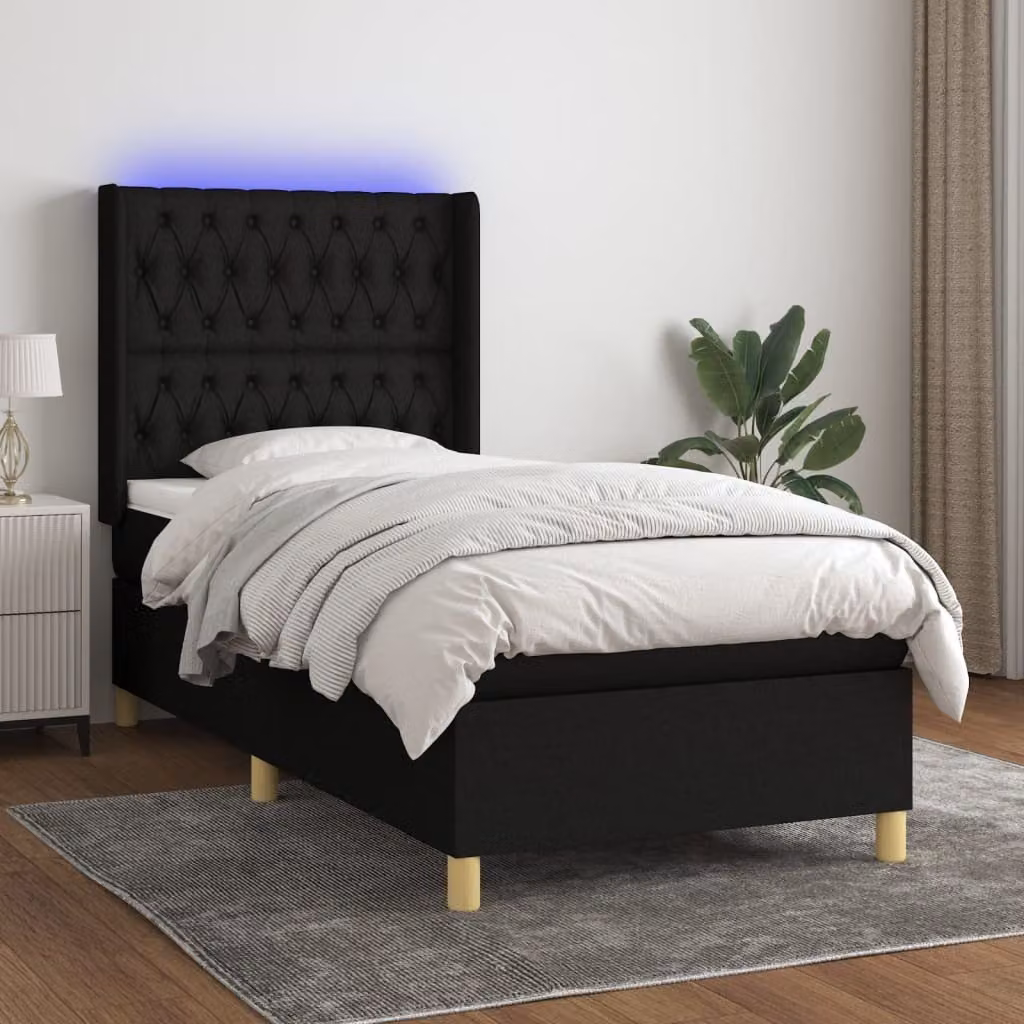 The Living Store Letto a molle con materasso e LED nero 90x200 cm in tessuto