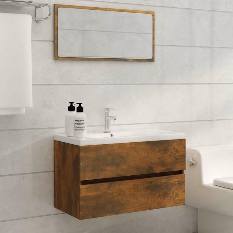 Mobile Bagno con Lavabo Integrato vidaXL in Rovere Fumo e Legno Multistrato, Design Moderno, L/P/H: 80 x 38,5 x 45 cm