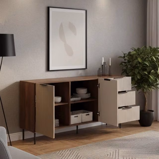 Madia da salotto DMORA Credenza Monzuno con due ante battenti e tre cassetti, Noce e Beige, L: 156 cm, P: 42 cm, H: 75 cm – 1