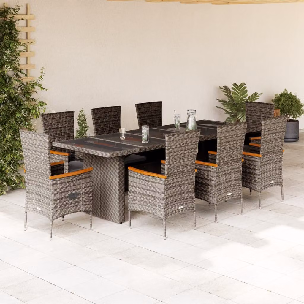 vidaXL Set da Pranzo da Giardino 9 pz in Polyrattan e Legno di Acacia con Piano in Vetro Grigio