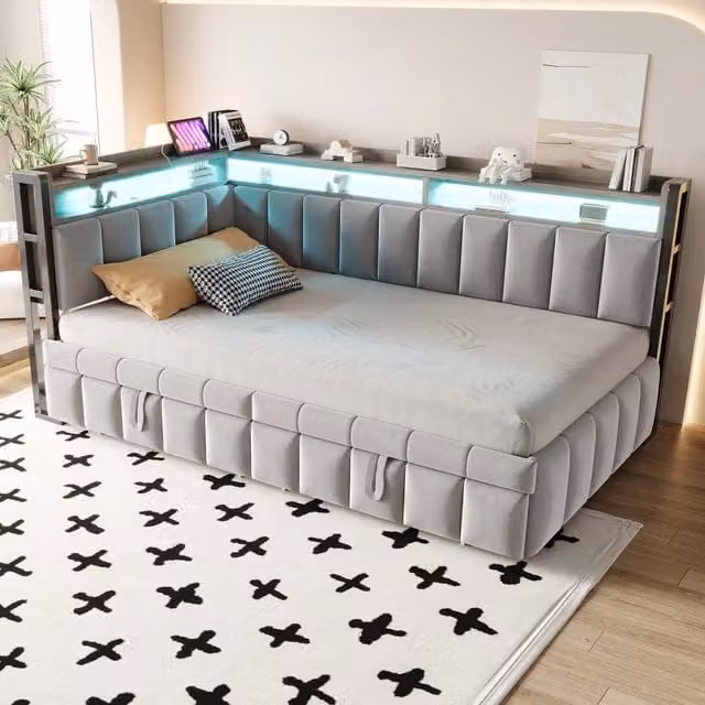 Letto imbottito con LED 90x200 ¨C Minimal ¨C velluto grigio chiaro, scomparti portaoggetti, porte USB-C