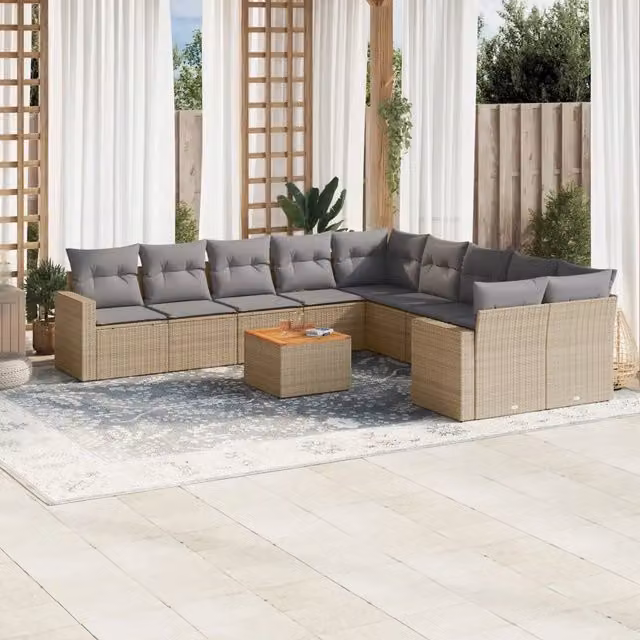 Set di divani da giardino VIDAXL in polyrattan a forma di U composto da 11 pezzi con cuscini beige