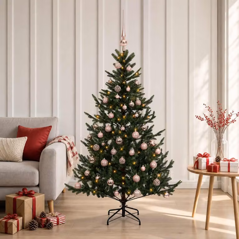 Albero di Natale artificiale con decorazioni natalizie, altezza 150 cm, 150 luci LED