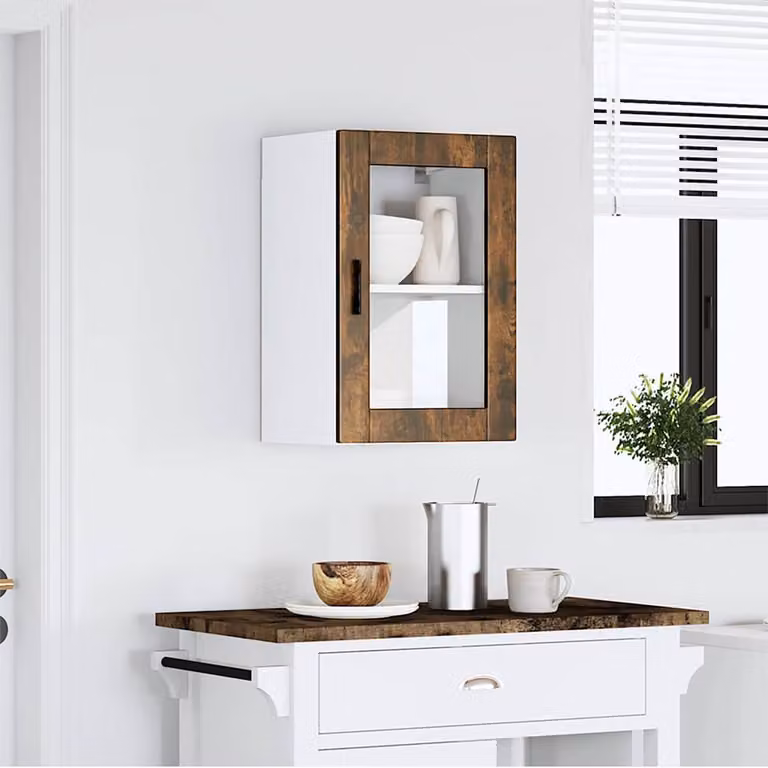 Pensile da cucina moderno vidaXL con ante in vetro e ripiani interni, bianco e marrone, L: 60,0 cm, P: 31,0 cm, H: 40,0 cm