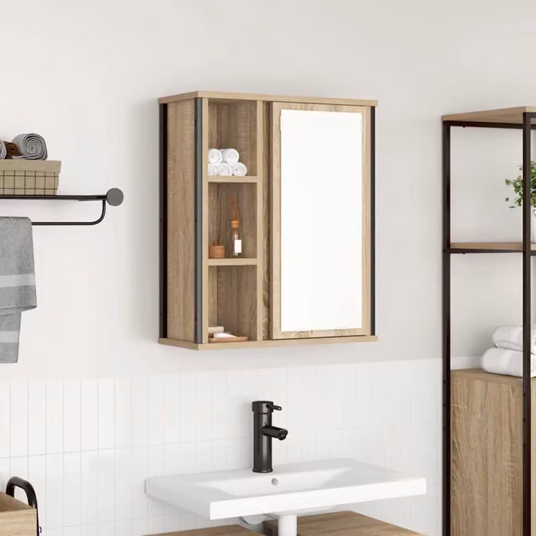 Pensile da bagno con specchio vidaXL in rovere color marrone, L: 50 cm, P: 21 cm, H: 60 cm