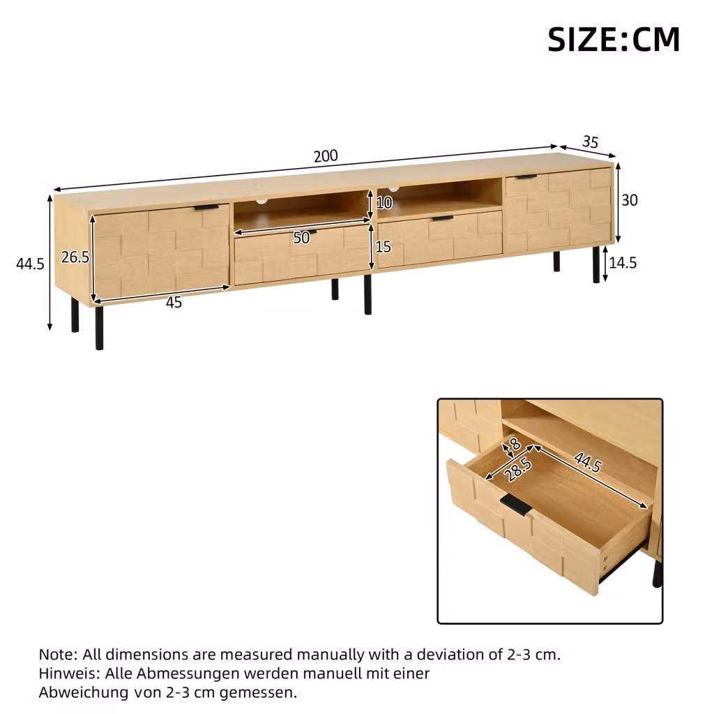 Mobile TV SINGULARTY beige con 2 cassetti, adatto a TV fino a 80 pollici, L/P/H: 200 x 35 x 44,5 cm – 2