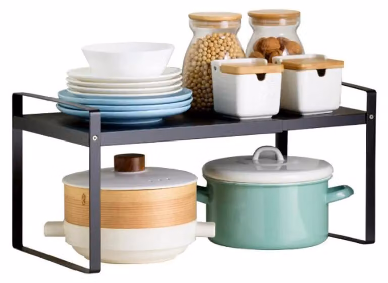Organizzatore per cucina - Ripiano estraibile - Larghezza regolabile - Adatto per pensili e piani di lavoro - Acciaio inossidabile - Nero
