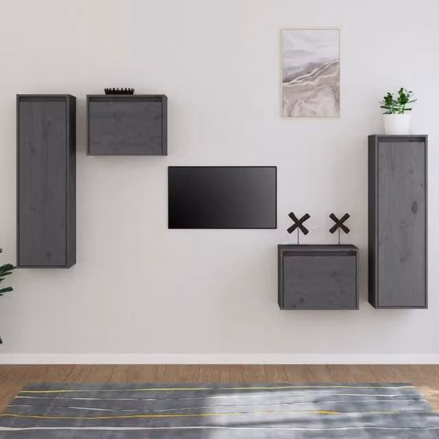 Set di 4 mobili porta TV vidaXL in legno massello di pino grigio per soggiorno moderno – 1
