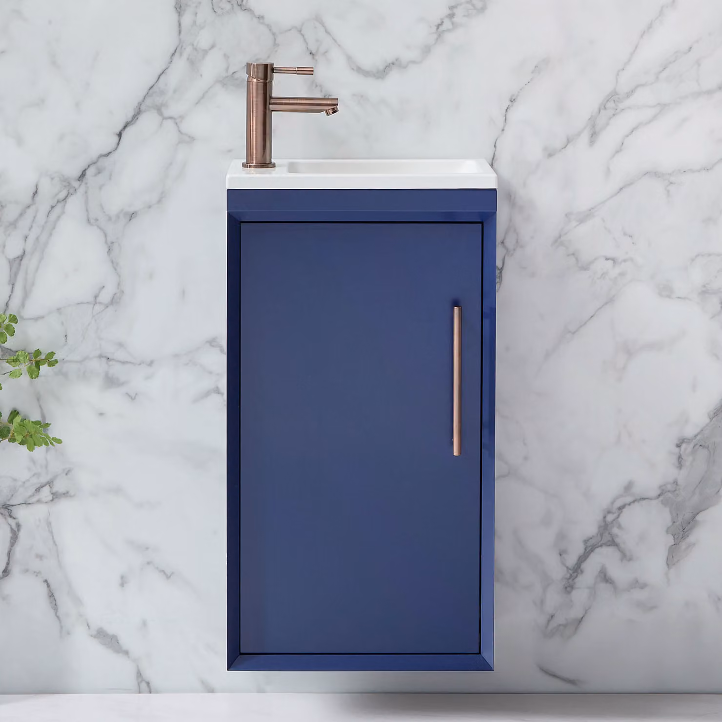 Mobile Bagno Sospeso Blu Marino 400mm con Lavabo e Maniglia con Barra a T Bronzo Spazzolato - Edge