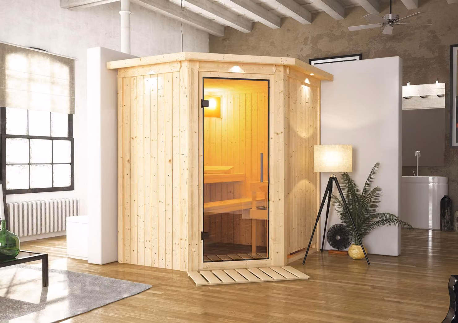 Sauna Taurin: con cornice luminosa sul soffitto: 9 kW, stufa finlandese + centralina Easy Finn. Sauna: cornice luminosa sul soffitto, stufa: 9 kW, stufa finlandese + centralina Easy Finn. Porta della sauna: porta in vetro trasparente
