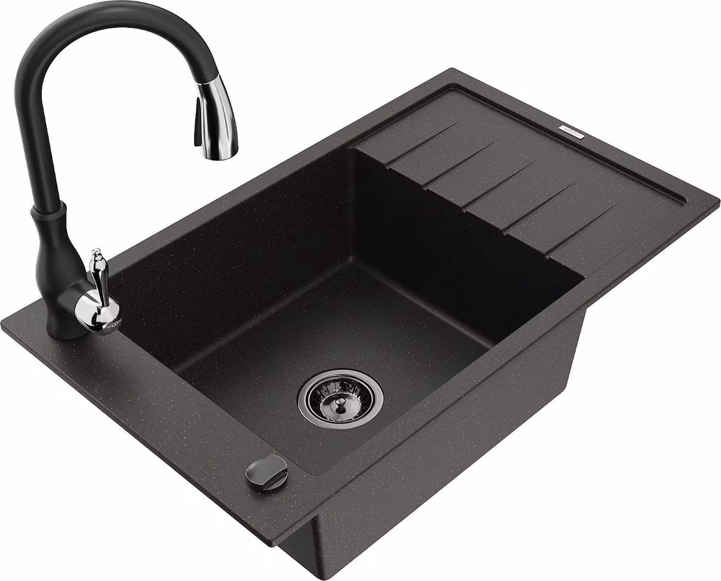 Mexen Elias lavello in granito a 1 vasca con scolapiatti e miscelatore da cucina Savita, nero/oro metallizzato