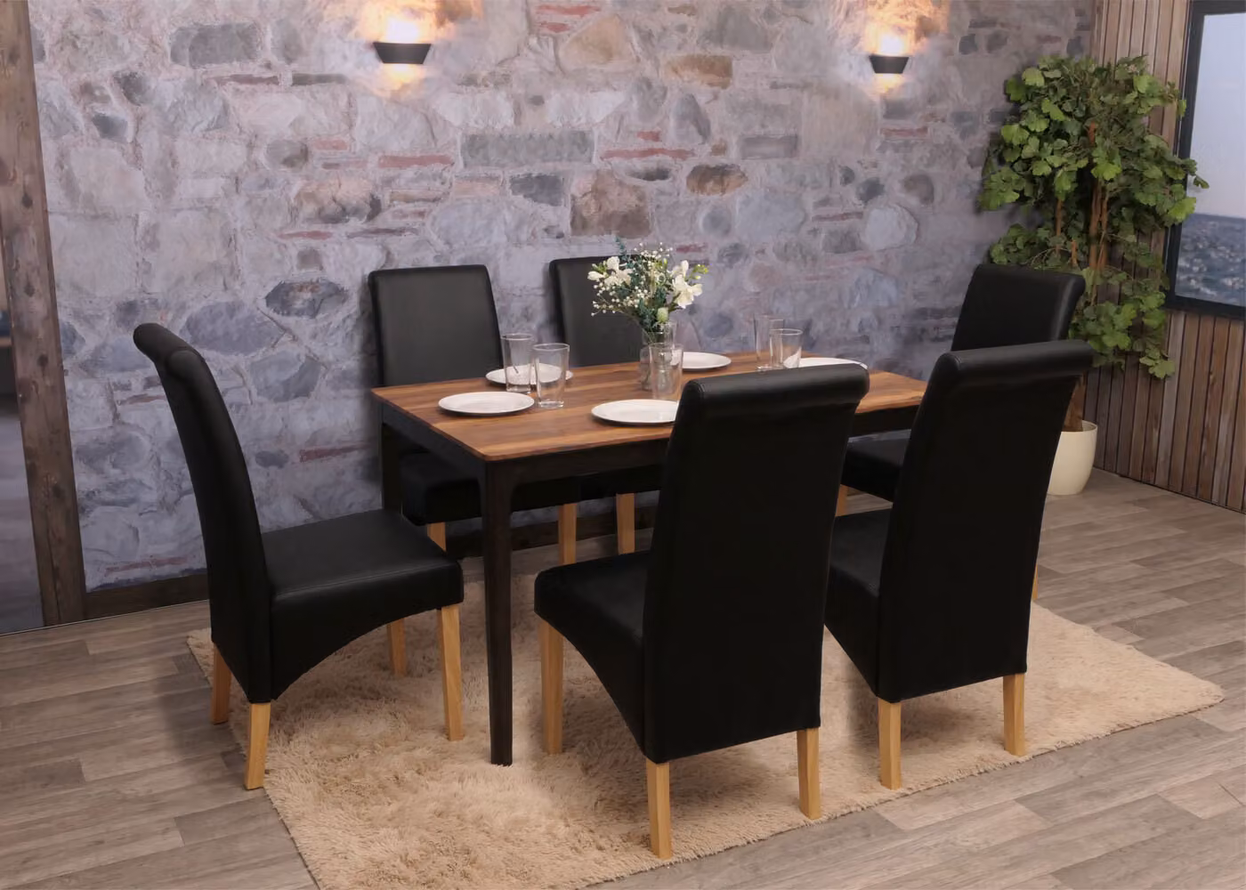 Set da 6 sedie da pranzo Cesena ~ Pelle finta opaca, nera, gambe chiare