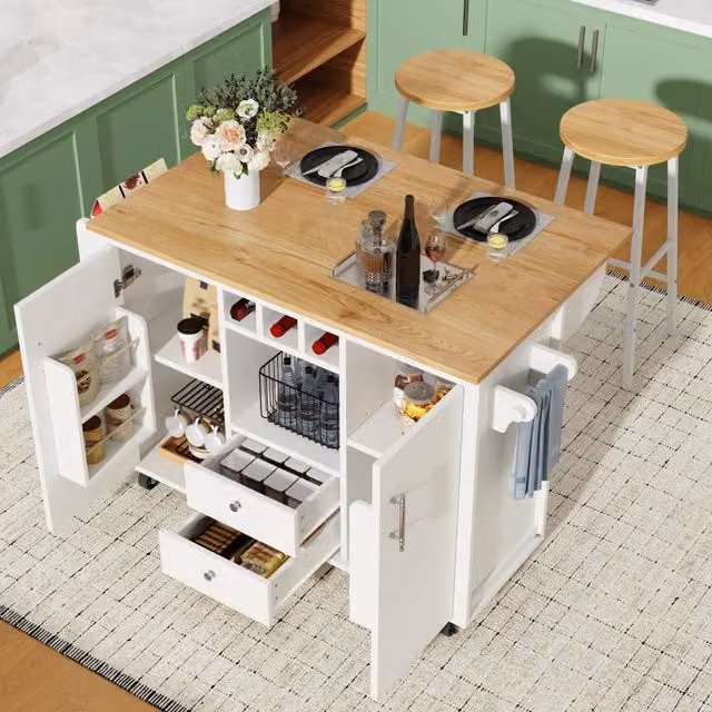Carrello da cucina con piano ribaltabile, 2 cassetti, ante doppie, vani aperti e ruote, bianco