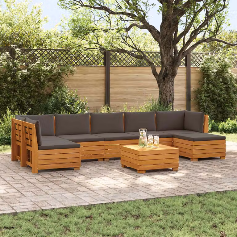 Set di divani da esterno vidaXL in legno di acacia massello marrone, composizione a forma di U con 8 pezzi, inclusi tavolino e pouf, con cuscini resistenti ai raggi UV e rivestimenti rimovibili
