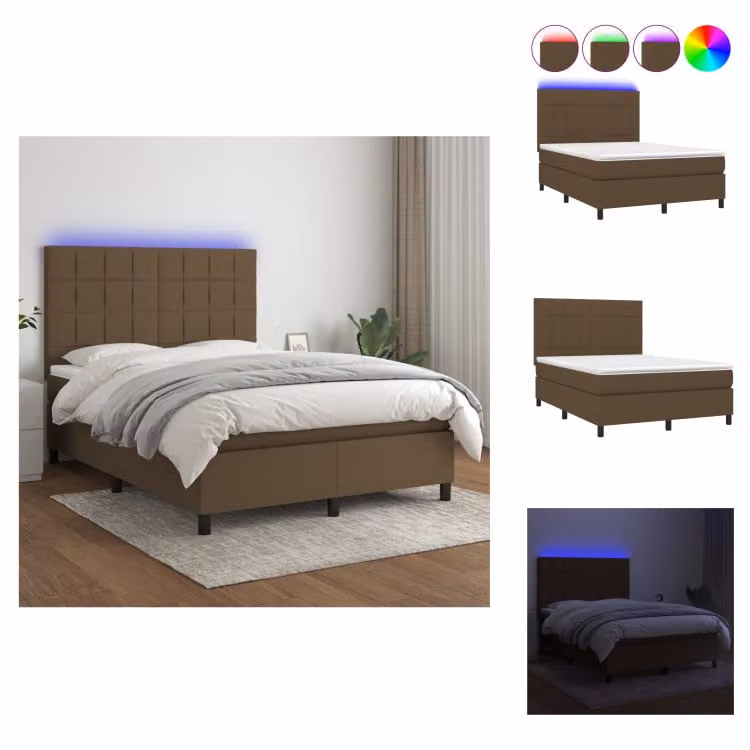 vidaXL Letto a molle con materasso e LED in tessuto marrone scuro 140x200 cm - Letti e strutture letto