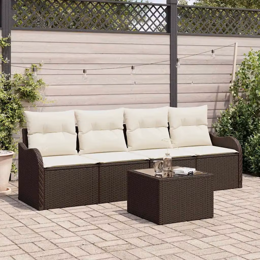 vidaXL Set Divano da Giardino a Forma di U composto da 5 Pezzi con Cuscini, Marrone e Beige – 1