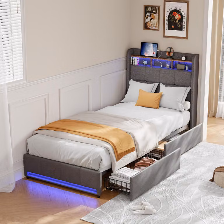 Letto a gas ProximaX 90x200 cm con illuminazione a LED, stazione di ricarica USB/Type-C e cassetti, tessuto in lino, grigio