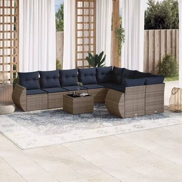 Set Divani da Giardino 10 pz con Cuscini Grigio in Polyrattan 3221850
