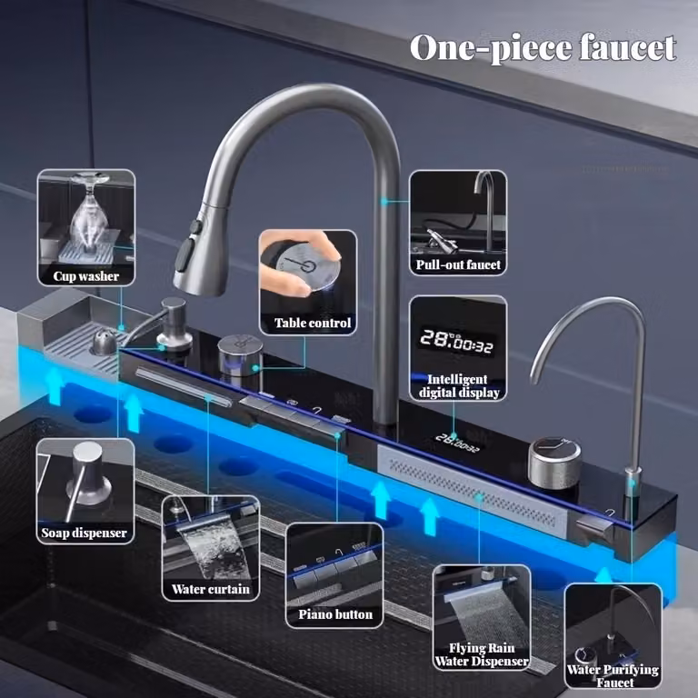 Lavello da cucina - Lavello grande - Acciaio inossidabile - Display digitale e design a cascata, colore antracite