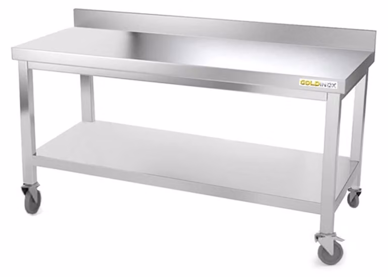 Tavolo da lavoro in acciaio inox con struttura portante, dimensioni 1400 x 600 mm, montato su rotelle di alta qualità - GOLDINOX