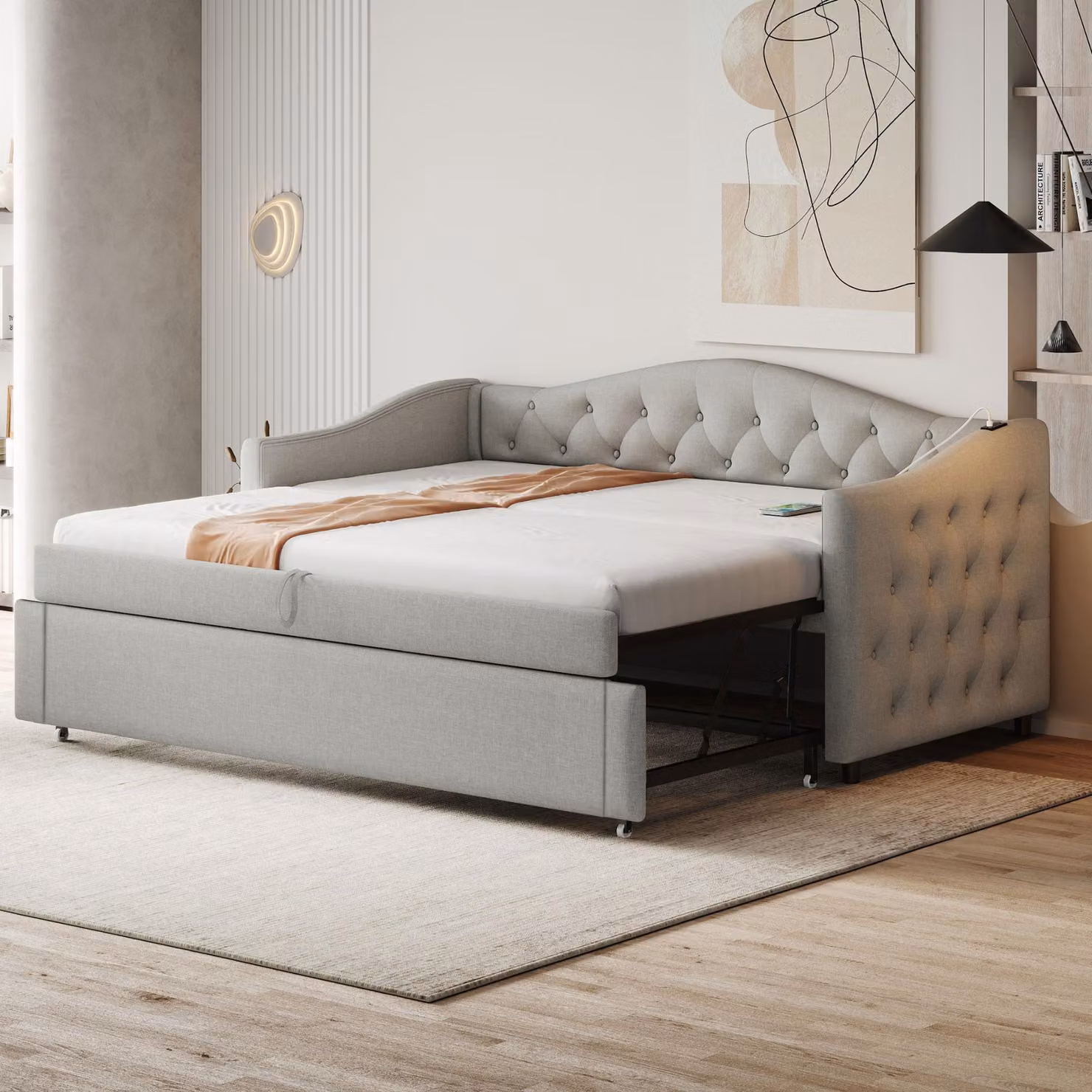Letto imbottito Sweiko Divano letto allungabile, 90x200 cm, Con connessione USB, Forma classica con bottoni con rete a doghe, Letto multifunzionale - letto per ospiti, Tessuto di lino, Grigio (materasso non incluso)
