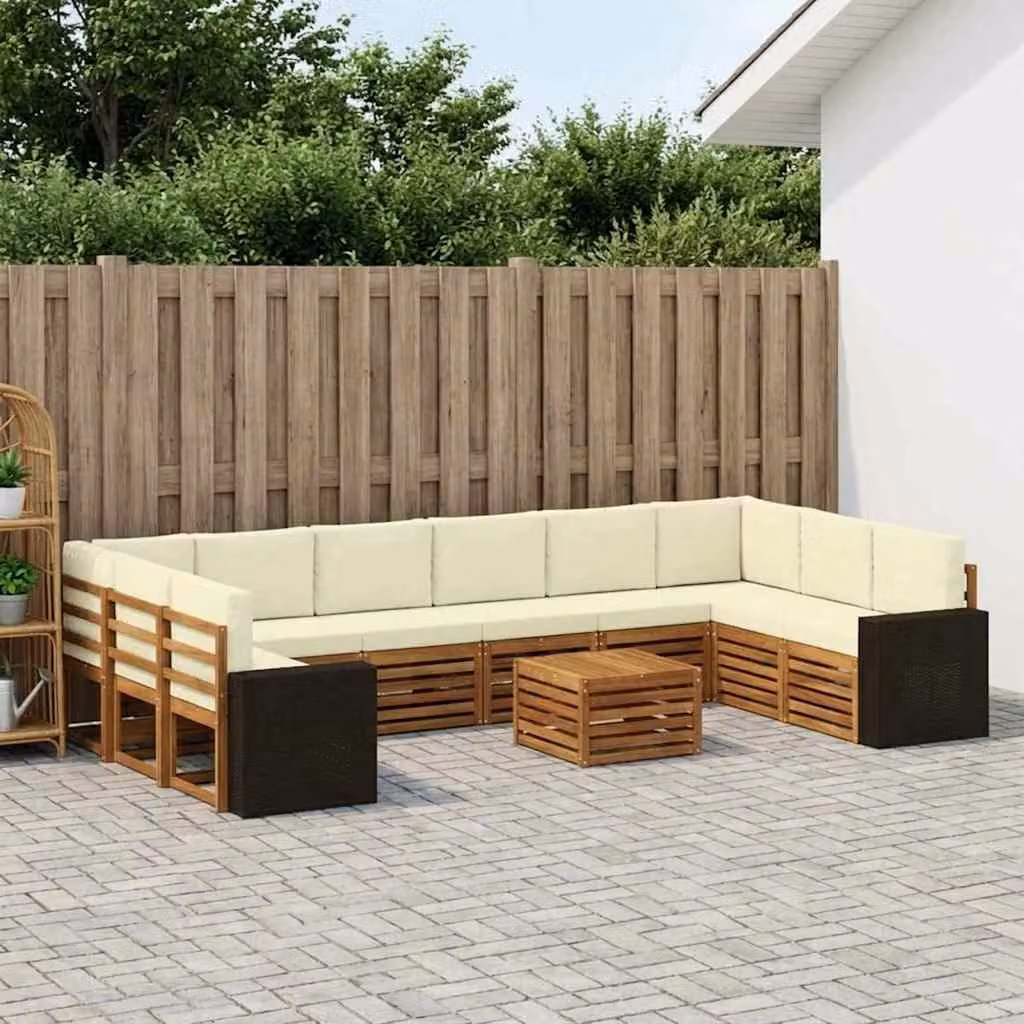 vidaXL Set di divani da esterno a L composto da 11 pezzi in legno di acacia con cuscini beige e bianchi