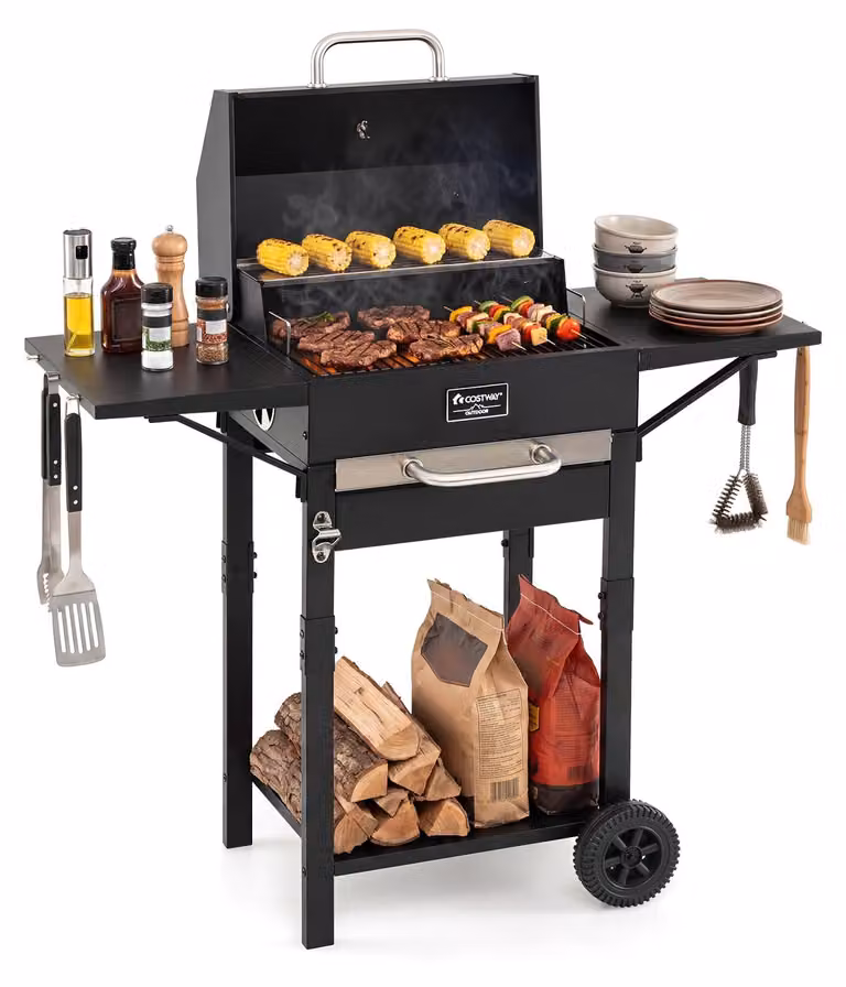 Barbecue a carbone COSTWAY, piccolo, con carrello, coperchio, 2 ripiani laterali, termometro, griglia, apribottiglie e ruote. Barbecue da esterno