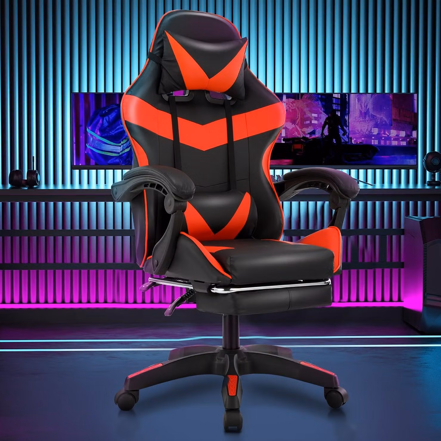 Sedia da gaming - Design ergonomico - Schienale e poggiapiedi regolabili - Con cuscini - Nera e rossa